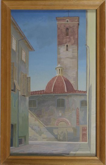 Изображение храма св. Августина, однокупольного, с прямоугольной колокольней. Слева фрагмент вертикального трехэтажного здания с открытыми ставнями (рамами)-жалюзи.