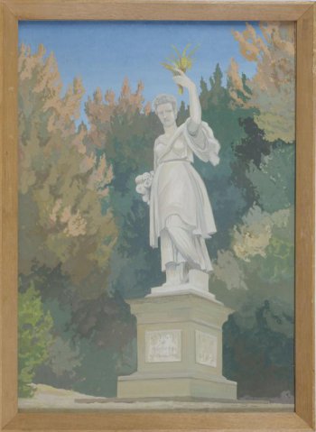 На фоне плотной зелено-желтой листвы изображена статуя на постаменте: богиня плодородия (?), держащая колосья в поднятой лвой руке.