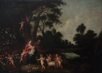 Изображен пейзаж. Слева на фоне высоких деревьев и распустившихся бутонов цветов изображена женщина, кормящая ребенка, мужчина, ангелы с ягненком.