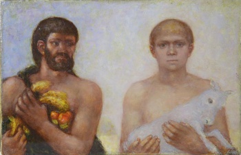 На светлом фоне поясное изображение мужчин: слева - бородатого с колосьями и фруктами, справа - светловолосого с козленком на руках.