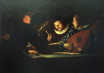 Поясное изображение четырех молодых людей, двое из которых склонились над листами бумаги (ноты?). Юноша справа (лицо в профиль) держит струнный музыкальный инструмент. Лица ярко освещены.