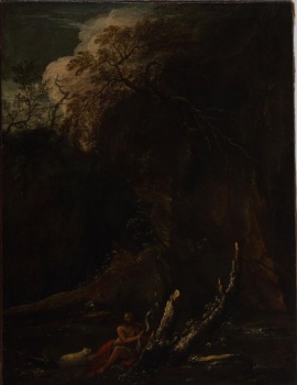 На фоне скалы, поросшей деревьями, у реки возле сломанных стволов деревьев изображена полуобнаженная фигура сидящего мужчины в красном плаще с посохом. Слева от него ягненок.