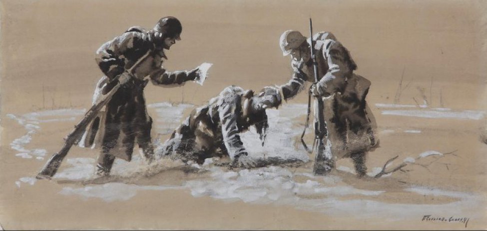 Изображен в центре на снегу боец на коленях, опирающийся на руки; голову его поддерживает боец с винтовкой в левой руке, стоящий справа от него. Третий боец с винтовкой в правой руке наклонился к убитому бойцу.