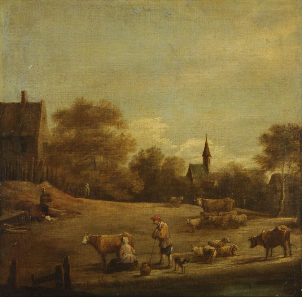 Изображаает фламандскую деревню. На первом плане коровы, пастух (спиной к зрителю), доящая корову. Небо облачное. Колорит картины коричневато-зеленоватый.