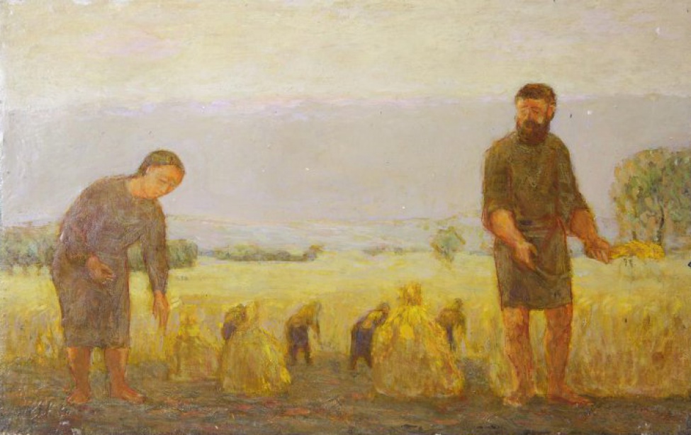 На фоне пшеничного поля во время жатвы изображены в рост фигуры босой женщины (слева) и босого бородатого мужчины с серпом в правой руке (справа).