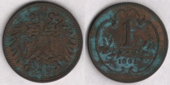 Аверс: В центре -- малый герб Австрийской империи: двуглавый коронованный орел держащий в правой лапе меч и скипетр, в левой державу с крестом, на груди щиток в виде барочного с заострением внизу гера- льдического щита, щиток рассечён на 3 части (вертикальные полосы) с гербами: в правой части герб Габсбургов-- на фоне из точек (золото в геральдике) геральдический лев на задних лапах вправо, в цент- ре герб Австрии -- на фоне из прямых параллельных вертикальных линий (красный цвет в геральдике) широкая, гладкая (серебро в геральдике) вертикальная полоса (пояс), в левой части герб Лотарингского дома -- на фоне из точек (золото в геральдике) диагональная (влево) перевязь с штриховкой в виде пря- мых параллельных вертикальных линий (красный цвет в геральдике) с 3 орлами; вокруг щитка цепь ор- дена Золотого руна из ажурных продолговатых звеньев, знак ордена в виде овечьей  шкуры (руна) рас- положен под щитком на хвосте орла; над головами орла корона Габсбургов, состоящая из украшенного мелкими точками обруча с 5 видимыми зубцами (3 в виде листьев (трилистников), 2 -- с жемчужинами), из митры, состоящей из двух полушарий и одной дужки между ними, увенчанной державой с крестом, внизу к короне прикреплены 2 извилистые узкие ленты (частично скрыты головами орла); крылья состо- ят из больших продолговатых перьев; хвост -- сильно стилизованные перья расположены в 4 ряда. Во- круг композиции аверса рамка из мелких точек (примыкает к буртику). По краю монеты линейный буртик.
Реверс: В центре -- цифра 1 (обозначение номинала). Под цифрой лавровая ветвь с двумя отростками, обрамля- ющих нижнюю часть цифры. Под лавровой ветвью дата: 1901. Вокруг всей композиции круглая рамка (с выступом вверху) из элементов растительного барочного орнамента. Вокруг композиции реверса рамка из мелких точек (примыкает к буртику). По краю монеты линейный буртик.
Гурт: гладкий