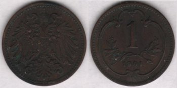 Аверс: В центре -- малый герб Австрийской империи: двуглавый коронованный орел держащий в правой лапе меч и скипетр, в левой державу с крестом, на груди щиток в виде барочного с заострением внизу гера- льдического щита, щиток рассечён на 3 части (вертикальные полосы) с гербами: в правой части герб Габсбургов-- на фоне из точек (золото в геральдике) геральдический лев на задних лапах вправо, в цент- ре герб Австрии -- на фоне из прямых параллельных вертикальных линий (красный цвет в геральдике) широкая, гладкая (серебро в геральдике) вертикальная полоса (пояс), в левой части герб Лотарингского дома -- на фоне из точек (золото в геральдике) диагональная (влево) перевязь с штриховкой в виде пря- мых параллельных вертикальных линий (красный цвет в геральдике) с 3 орлами; вокруг щитка цепь ор- дена Золотого руна из ажурных продолговатых звеньев, знак ордена в виде овечьей  шкуры (руна) рас- положен под щитком на хвосте орла; над головами орла корона Габсбургов, состоящая из украшенного мелкими точками обруча с 5 видимыми зубцами (3 в виде листьев (трилистников), 2 -- с жемчужинами), из митры, состоящей из двух полушарий и одной дужки между ними, увенчанной державой с крестом, внизу к короне прикреплены 2 извилистые узкие ленты (частично скрыты головами орла); крылья состо- ят из больших продолговатых перьев; хвост -- сильно стилизованные перья расположены в 4 ряда. Во- круг композиции аверса рамка из мелких точек (примыкает к буртику). По краю монеты линейный буртик.
Реверс: В центре -- цифра 1 (обозначение номинала). Под цифрой лавровая ветвь с двумя отростками, обрамля- ющих нижнюю часть цифры. Под лавровой ветвью дата: 1901. Вокруг всей композиции круглая рамка (с выступом вверху) из элементов растительного барочного орнамента. Вокруг композиции реверса рамка из мелких точек (примыкает к буртику). По краю монеты линейный буртик.
Гурт: гладкий
