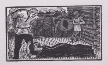 На первом плане слева изображен мужчина. У его ног - лежащая женщина. В центре композиции - стоящий мужчина, коровы, заходящие в хлев.