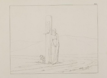 В центре композиции изображена молодая женщина, стоящая прислонясь плечом к придорожному столбу, на котором прибит развернутый свисток с текстом. На дальнем плане- горы. Над изображением справа: ХLY. Под изображением справа: Сочинялъ, Рисовалъ и Гравировалъ Графъ Феодор Толстой. 1840 года.