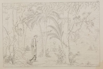 Изображен лесной пейзаж с ручьем. На первом плане левее центра композиции - молодая женщина, идущая берегом ручья; слева - дерево, на ветвях которого качается на цветочной гирлянде крылатый путти; справа - дерево, на ветвях которого сидят три крылатых путти. На втором плане в центре композиции- два оленя; правее центра- два путти, сидящих на берегу ручья и один в воде; справа - два оленя. На дальнем плане справа- каменный  арочный мост над ручьем. Над изображением справа-римская цифра ХХY. Под изображением справа: Сочинялъ, Рисовалъ и Гравировалъ Графъ Феодоръ Толстой 1839 года.