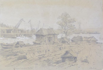Изображены бревенчатые большой дом и ряд низеньких домиков на берегу реки, изображенной по горизонтали. За рекой - несколько кранов.