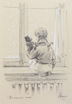 Изображена девочка с косичками, сидящая на коленях на окне, спиной к зрителю. В левой руке игрушка - черный мишка. За окном идет снег.