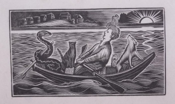 На первом плане изображен плывущий в лодке молодой человек с кошкой, собакой, ужом. На заднем плане - домики на берегу, заходящее солнце.