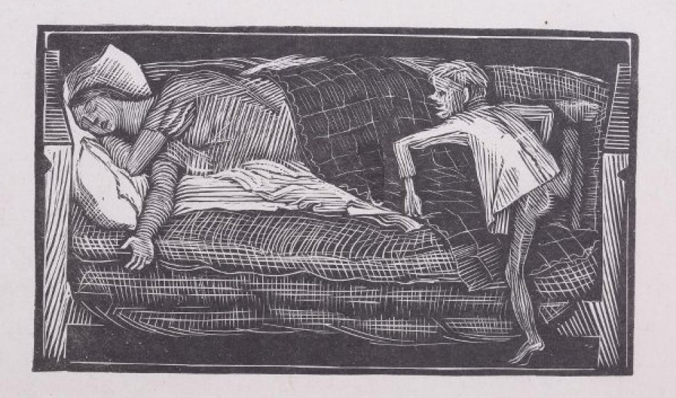 Изображена сидящая на кровати женщина и мальчик, взбирающийся к ней.