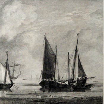 На гравюре изображена спокойная гладь моря. Слева на причале лодка с белыми парусами. Справа три небольших парусных судна с маленькой шлюпкой впереди. Вдали виднеются парусные суда и лодки.