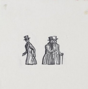Изображены поколенно трое мужчин в цилиндрах и длинных сюртуках: один - слева, двое - справа.