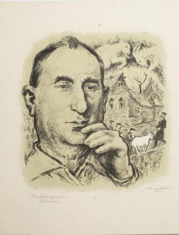 Оплечное изображение мужчины, лицо анфас, левая рука поднесена к подбородку. В правой части композиции фрагмент деревенского пейзажа: домики, козы, дети.
