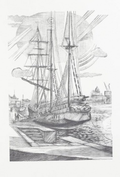  Набережная реки Невы. На переднем плане изображен большой корабль, вдали очертания здания Исаакиевского собора.