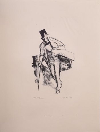 Изображен Пушкин в развевающемся плаще, цилиндре, с тростью в левой руке. Справа изображение тени.