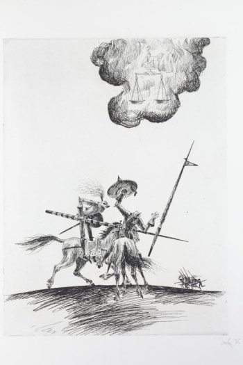 На переднем плане в центре изображены два сражающихся  всадника в рыцарских доспехах с пиками.  На дальнем плане справа-группа бегущих с пиками рыцарей. В верхней части композиции изображена в облаке рука, держащая весы.
