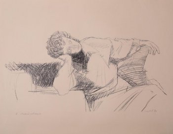 Поясное изображение Пушкина, сидящего в кресле и склонившего голову на правую руку.