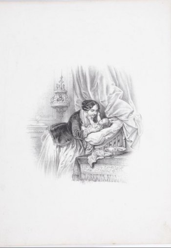 Изображает молодую женщину в темной кофточке и светлой юбке; она наклоняется к ребенку, который лежит на подушке; перед ними стоит стол, накрытый скатертью; на нем брошено какое-то рукоделье. Сзади - большой полог.