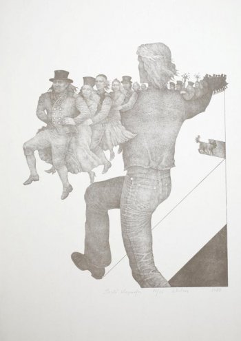 Изображение в рост шагающего (со спины) человека. Слева фигуры 5 танцующих друг за другом мужчин и женщин. Справа - множество танцующих вереницей людей. Ниже изображение собаки.