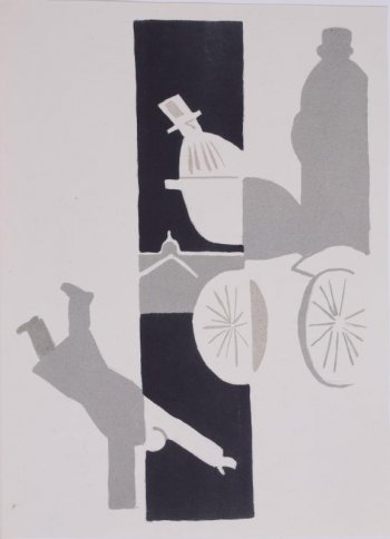 Изображены силуэты фигур (кучера и пассажира в цилиндре), сидящих в пролетке и фигура человека, лежащего раскинув руки, подле пролетки.