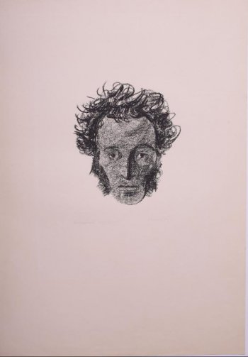 Изображено лицо Пушкина с широко открытыми глазами. Волосы взъерошены.