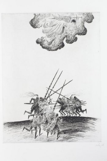 Изображены две группы рыцарей бегущих на встречу друг другу с мечами и пиками наперевес. В верхней части позиции в облаке изображение летящего ангела  с мячом и щитом в руках.