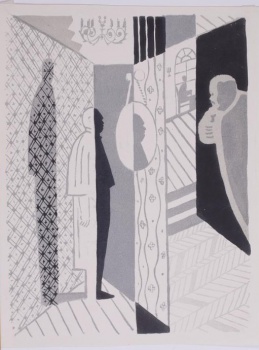 В центре композиции - стилизованное изображение фигуры человека в пальто с пелериной. Справа - стилизованное изображение фигуры человека фрагментированное правым краем литографии. На втором плане справа - силуэт женщины, сидящей на стуле у окна.