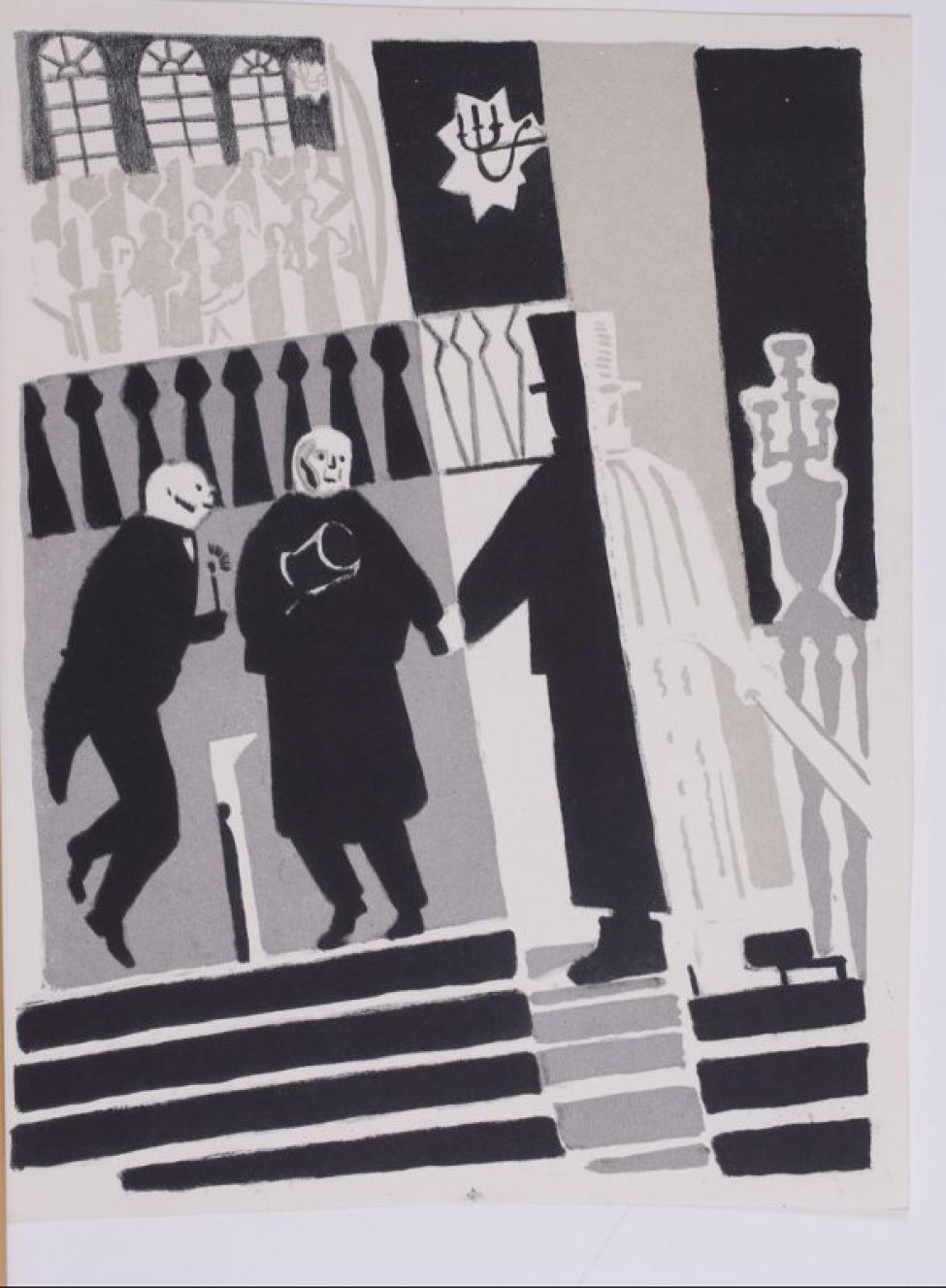 Изображены, стилизованно  исполненные, фигуры трех мужчин, стоящие на верхней ступеньке лестницы; слева - со свечой в руке, в центре - с цилиндром в руке.