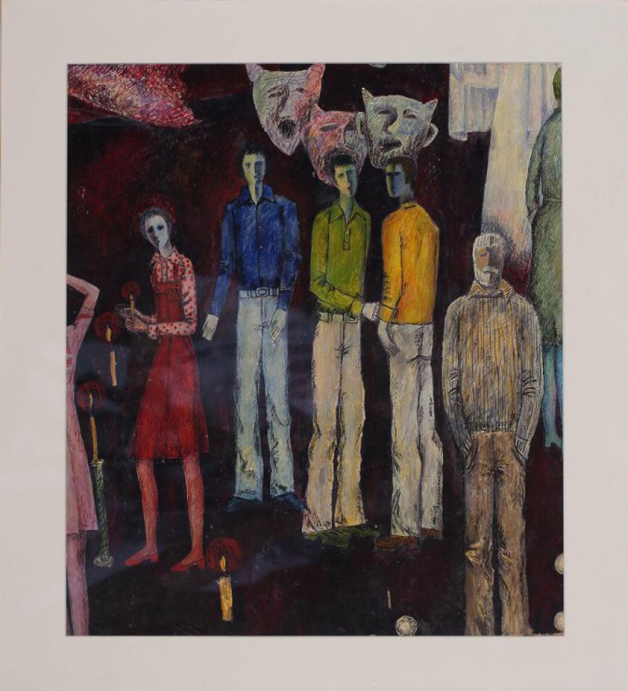 На темно-бордовом с черными штрихами фоне изображены стоящие в рост фигуры. В центре – три молодых человека в светлых брюках и ярких рубашках (синей, зеленой, желтой). Справа – седой мужчина с бородой и усами, в светло-желтом свитере и брюках. Слева женщина со свечой в руках, в красном сарафане и блузке в горошек. На заднике вверху - три театральные маски.