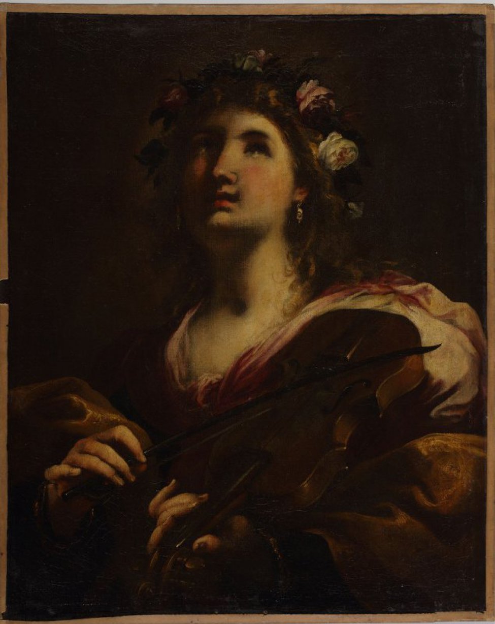 Изображается аллегорично молодой женщиной с распущенными русыми волосаи, с венком роз на голове. в светло-коричневой одежде с сиреневой тканью у открытого ворота, со скрипкой на левом плече и со смычком в правой руке. Изображение погрудное.
