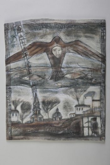 Трехчастная композиция: вверху - птица с распростертыми крыльями с человеческим лицом; в центре - пять плывущих рыб; внизу - городской пейзаж.