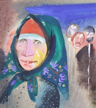 В  левой части композиции - погрудное изображение старухи в зеленом платке с синими цветами. Справа - три мужские головы на шестах.