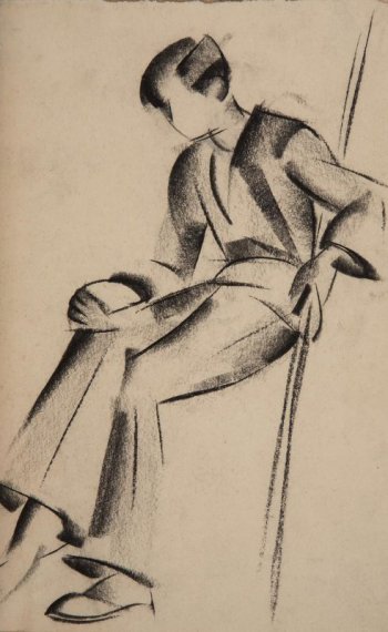 Изображен сидящий боком к зрителю молодой мужчина; правая нога закинута на левую. Правая рука лежит на коленях; левая рука уперта в бок.