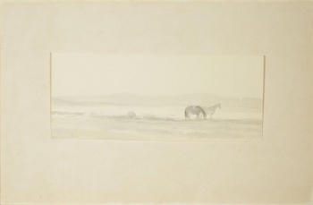 Изображен пейзаж с рекой. На переднем плане справа - две лошади на берегу реки. На втором плане - поднимающиеся за рекой пологие холмы.