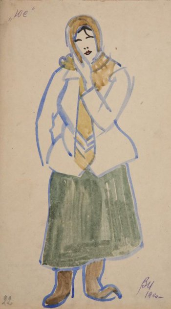 Изображена женщина в рост; голова, повязанная коричневой шалью, обращена к зрителю. Кисть левой руки поднята к правой щеке. На женщине зеленая юбка, светлый жакет; на ногах валенки.