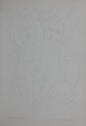 Стилизованно изображено одиннадцать женских головок в платках; на первом плане - женщина держит в руках птичку.