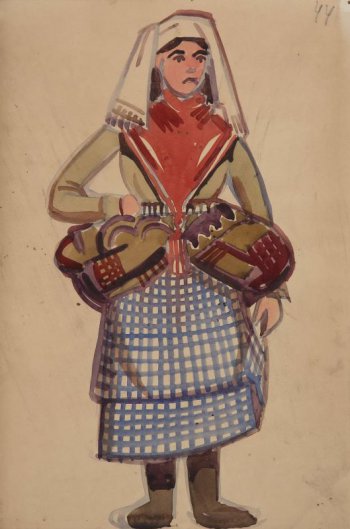 Изображена женщина в клетчатой синей юбке, зеленой кофте с оборочками на боках; на груди - красная косынка с кистями. На голове - светлый головной убор. Правая рука лежит на бедре, левая - опущена вниз.