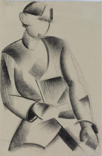 Поколенное изображение сидящего молодого мужчины; голова в правом повороте; правая рука, согнутая в локте, лежит на колене; левая вытянута вдоль ноги.
Обрамление: На листе-основе цифра -