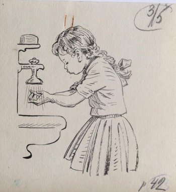 Поколенное изображение в профиль девочки в кофточке и юбке, моющей руки под краном.