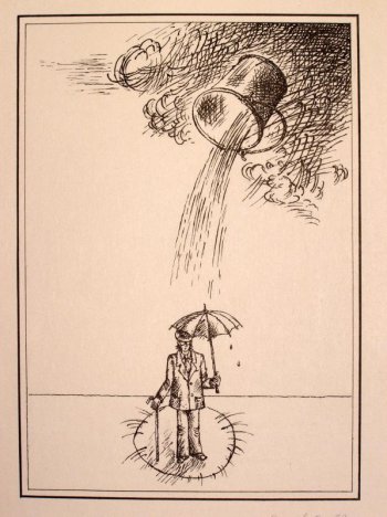 Рисунок очерчен рамкой. Изображен человек с тростью под зонтом. Над ним туча и ведро, из которого льется вода.