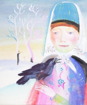 На фоне зимнего пейзажа с двумя деревьями - погрудное изображение молодой женщины в сине-розовой с цветами одежде, голубой шапке, белом платке с каймой; на руке женщины сидит птица.