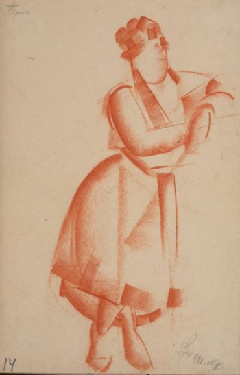 Изображена  кудрявая женщина в рост, облокотившаяся  руками на предмет; руки до плеч обнажены. Упор фигуры на правую ногу.