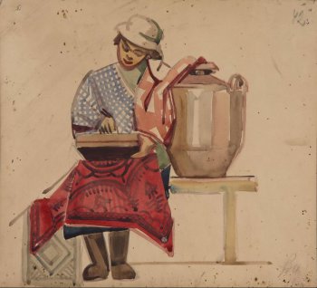 Изображена сидящая молодая женщина в полосатой синей кофте и красной юбке; на голове - светлая шляпа с полями. В руках - книга; слева от женщины - кувшин.