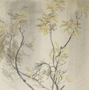 На желтовато-сером фоне изображены тонкие ветки американского клена с узкими, бледно-зелеными и желтыми листьями.