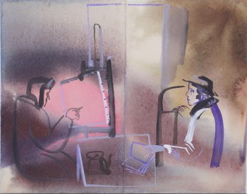 В левой части композиции изображен художник, сидящий перед мольбертом в зимней одежде. В правой части изображения - женщина, сидящая на кровати в пальто и шляпе. В центре - стол; на столе - чайник и книга.