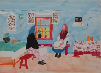 В интерьере деревенской избы у окна изображены сидящие на красных лавках две женщины. Слева - стол, покрытый зеленой скатертью; на столе - цветы, кружка, тарелка, ложка.
